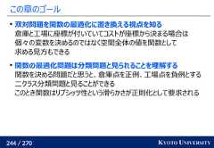 244 / 270 KYOTO UNIVERSITYこの章のゴール双対問題を関数の最適化に置き換える視点を知る倉庫と工場に座標が付いていてコストが座標から決まる場合は個々の変数を決めるのではなく空間全体の値を関数として求める見方もできる関数の最適化問題は分類問題と見られることを理解する関数を決める問題だと思うと、倉庫点を正例、工場点を負例とする二クラス分類問題と見ることができるこのとき関数はリプシッツ性という滑らかさが正則化として要求される 