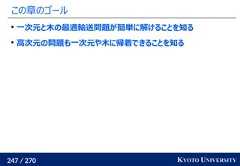 247 / 270 KYOTO UNIVERSITYこの章のゴール一次元と木の最適輸送問題が簡単に解けることを知る高次元の問題も一次元や木に帰着できることを知る 
