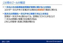 261 / 270 KYOTO UNIVERSITYこの章のゴールの確認一次元と木の最適輸送問題が簡単に解けることを知るコストが一次元や木で定義される場合は貪欲法で厳密に解ける高次元の問題も一次元や木に帰着できることを知る空間が一次元や木と限らなくても、空間を「スライス」することで一次元の問題に帰着できる場合があるこれにより簡単・高速に問題が解ける 