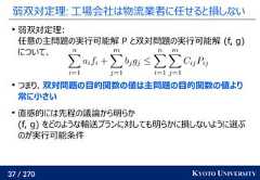37 / 270 KYOTO UNIVERSITY弱双対定理: 工場会社は物流業者に任せると損しない弱双対定理:任意の主問題の実行可能解 P と双対問題の実行可能解 (f, g)について、つまり、双対問題の目的関数の値は主問題の目的関数の値より常に小さい直感的には先程の議論から明らか(f, g) をどのような輸送プランに対しても明らかに損しないように選ぶのが実行可能条件 