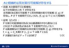 88 / 270 KYOTO UNIVERSITY木と相補的な双対実行可能解が存在する命題 木の使用グラフと相補性:以下の性質をもつ木 T が存在する主問題のある実行可能解 P と双対問題の実行可能解 (f, g) が存在し、P が T を使用グラフとしてもち、(f, g) は T について相補的証明（ざっくり）:P を実行可能領域の頂点にある最適解の中から適当にとるこのとき P は頂点性よりある木 T を使用グラフとしてもつP は最適解なので相補的な双対実行可能解 (f, g) が存在するfi+ gj= Cijを満たす (i, j) ∈ T は森 F になるF が連結であれば F = T となり終了 つづく 