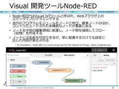 Copyright © Software Research Associates, Inc. All Rights Reserved 3Visual 開発ツールNode-RED• Node-RED*はVisual IoTツールと呼ばれ，Webブラウザ上のエディタでプログラミングする• 長円のプログラムモジュールをノードと呼び、標準ノードのほか、コントリビュートされた多機能なノードが豊富にある• ノードを中央の編集領域に配置し，ノード間を接続してフロー（処理）を作成する• ノードには名前を付加できるが，単に配置するだけでも設定に応じた内容が表示される* JS Foundation，Node-RED is a visual wiring tool for the Internet of Things，https://nodered.org/ 