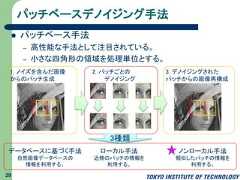 パッチベースデノイジング手法 パッチベース手法– 高性能な手法として注目されている。– 小さな四角形の領域を処理単位とする。1. ノイズを含んだ画像からのパッチ生成3. デノイジングされたパッチからの画像再構成2. パッチごとのデノイジングデータベースに基づく手法自然画像データベースの情報を利用する。ローカル手法近傍のパッチの情報を利用する。ノンローカル手法類似したパッチの情報を利用する。3種類29 