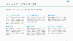 チームの有効性は「タスクへの有効性」と「ウェルビイーング」の 2 軸で測られるとしたとき、コミュニケーションはその両方に大きな影響を与えるため、コミュニケーションは重要な要素となる。Social Time Crucial to Daily Emotional Wellbeing in U.S. 158チームがコミュニケーションに責任を持つべき理由生産性への影響コミュニケーションはチームの生産性に大きく影響する。タスクの状況の透明化や手戻りの削減などができるだけではなく、メンバー間のやり取りが増加するだけでも、チーム全体の効率が 35% 上昇する(Pentalnd, 2012)。またお互いの学習を促進する上でもコミュニケーションは重要な要素となる。ウェルビーイングの確保人が生き生きとした一日を過ごすためには、誰かと一緒に過ごす時間が 6 時間必要であり、仕事で疲弊しないためにもチームが必要となる（実際フリーランスは精神的な辛さや孤独さを抱えがち） 