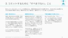 Lencioni が指摘する通り、チームワークとは「少数の原則を長期にわたって実践することにほかならない」。そして「機能するチームのメンバーは、人間が不完全であると認めることによって」結果を出す。Patrick Lencioni, The Five Dysfunctions of a Team: A Leadership Fable 86機能しているチーム1. 信頼2. 衝突3. コミットメント4. 説明責任5. 結果1. 互いに悪意がないことを信じ、グループ内で身を守ったり慎重になったりする必要がない5. チーム全体が結果を出す2. アイデアを巡って衝突しあい、より良いアイデアに到達する3. 全員が主張、衝突し、それぞれの意見をフェアに考慮することで全員の合意がなくとも決定する。4. 決まったことや決められた責任に対して説明責任を追及する 