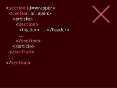 <section id=wrapper> <section id=main>    <article>     <section>       <header> ... </header>       ...     </section>    </article> </section> ...</section> 