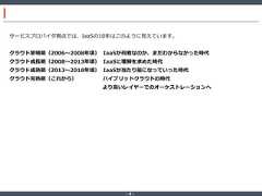 ‐ 4 ‐サービスプロバイダ視点では、IaaSの10年はこのように見えています。クラウド黎明期（2006～2008年頃） IaaSが何者なのか、まだわからなかった時代クラウド成長期（2008～2013年頃） IaaSに理解を求めた時代クラウド成熟期（2013～2018年頃） IaaSが当たり前になっていった時代クラウド完熟期（これから） ハイブリッドクラウドの時代より高いレイヤーでのオーケストレーションへ 