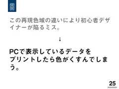 25!この再現色域の違いにより初心者デザイナーが陥るミス。↓PCで表示しているデータをプリントしたら色がくすんでしまう。 
