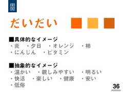 だいだい ■ ■ ■36!■具体的なイメージ・炎 ・夕日 ・オレンジ ・柿・にんじん ・ビタミン■抽象的なイメージ・温かい ・親しみやすい ・明るい ・快活 ・楽しい ・健康 ・安い・低俗 