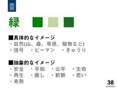 緑 ■ ■ ■38!■具体的なイメージ・自然(山、森、草原、植物など)・信号 ・ピーマン ・きゅうり■抽象的なイメージ・安全 ・平和 ・公平 ・生命・再生 ・癒し ・新鮮 ・若い・未熟 