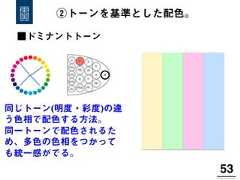 ②トーンを基準とした配色。53!■ドミナントトーン同じトーン(明度・彩度)の違う色相で配色する方法。同一トーンで配色されるため、多色の色相をつかっても統一感がでる。 
