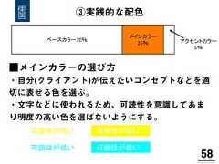 ③実践的な配色58!ベースカラー70％  メインカラー  25％   アクセントカラー  5％  ■メインカラーの選び方・自分(クライアント)が伝えたいコンセプトなどを適切に表せる色を選ぶ。・文字などに使われるため、可読性を意識してあまり明度の高い色を選ばないようにする。可読性が低い  可読性が低い  可読性が低い  可読性が低い   