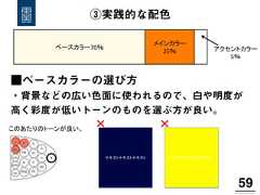 ③実践的な配色59!ベースカラー70％  メインカラー  25％   アクセントカラー  5％  ■ベースカラーの選び方・背景などの広い色面に使われるので、白や明度が高く彩度が低いトーンのものを選ぶ方が良い。このあたりのトーンが良い。  テキストテキストテキスト   テキストテキストテキスト  ×   ×   