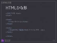 HTMLひな形 Follow me Twitter @sprechchor44 11 2.HTMLの話 <!DOCTYPE html> <html> ! <head> <title>タイトル</title> </head> ! <body> これはHTMLで記述されたファイルです．<br> </body> ! </html>  