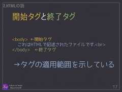 開始タグと終了タグ Follow me Twitter @sprechchor44 17 2.HTMLの話 ! ! <body> ←開始タグ これはHTMLで記述されたファイルです.<br> </body>　←終了タグ →タグの適用範囲を示している  