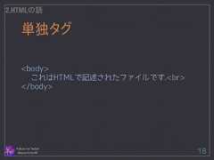 単独タグ Follow me Twitter @sprechchor44 18 2.HTMLの話 ! ! <body> これはHTMLで記述されたファイルです.<br> </body>  