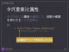 タグ(要素)と属性 Follow me Twitter @sprechchor44 23 2.HTMLの話 タグの中には属性を指定して，役割や情報 を持たせることが出来る． ! 例: <a href="http://www.xmlpro.org"> XMLPro公式サイト</a> href属性でリンク先を示している  