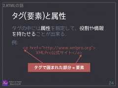 タグ(要素)と属性 Follow me Twitter @sprechchor44 24 2.HTMLの話 タグの中には属性を指定して，役割や情報 を持たせることが出来る． ! 例: <a href="http://www.xmlpro.org"> XMLPro公式サイト</a> タグで囲まれた部分 = 要素  