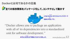 Dockerとは何であるかの定義12“Docker allows you to package an applicationwith all of its dependencies into a standardizedunit for software development.”www.docker.com全ての依存関係をパッケージ化して、コンテナとして動かすまずは、Dockerの「定義」からみていきましょう。これは Docker のマスコットキャラクターで名前は Moby です。モビードッカードッカー 