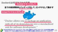 Dockerとは何であるかの定義15“Docker allows you to package an applicationwith all of its dependencies into a standardizedunit for software development.”www.docker.com全ての依存関係をパッケージ化して、コンテナとして動かすDockerイメージとしてLinuxファイルシステムをDockerは「Dockerイメージ」にパッケージ化。これは、仮想マシンの（ディスク）イメージとは全く異なる概念。Dockerイメージとは、正確には「Dockerコンテナの実行に必要な、命令の入ったテンプレート」なのです。 