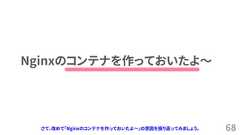 68Nginxのコンテナを作っておいたよ～さて、改めて「Nginxのコンテナを作っておいたよ～」の意図を振り返ってみましょう。 