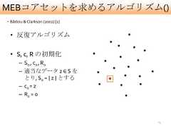 MEBコアセットを求めるアルゴリズム()・Bãdoiu & Clarkson (2002) [1]  • 反復アルゴリズム  • S, c, R の初期化       – S0 , c0 , R0       – 適当なデータ z ∈ S を         とり, S0 = { z } とする       – c0 = z       – R0 = 0                                15 