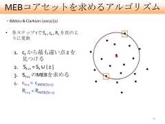 MEBコアセットを求めるアルゴリズム・Bãdoiu & Clarkson (2002) [1]• 各ステップ tで St , ct , Rt を次のよ  うに更新    1. ct から最も遠い点 z を       見つける    2. St+1 = St ∪ { z }    3. St+1 のMEBを求める    4. ct+1 = cMEB(St+1)       Rt+1 = RMEB(St+1)                                19 