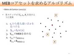 MEBコアセットを求めるアルゴリズム・Bãdoiu & Clarkson (2002) [1]• 各ステップ tで St , ct , Rt を次のよ  うに更新    1. ct から最も遠い点 z を       見つける    2. St+1 = St ∪ { z }    3. St+1 のMEBを求める    4. ct+1 = cMEB(St+1)       Rt+1 = RMEB(St+1)                                20 