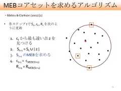 MEBコアセットを求めるアルゴリズム・Bãdoiu & Clarkson (2002) [1]• 各ステップ tで St , ct , Rt を次のよ  うに更新    1. ct から最も遠い点 z を       見つける    2. St+1 = St ∪ { z }    3. St+1 のMEBを求める    4. ct+1 = cMEB(St+1)       Rt+1 = RMEB(St+1)                                21 
