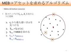 MEBコアセットを求めるアルゴリズム・Bãdoiu & Clarkson (2002) [1]• 各ステップ tで St , ct , Rt を次のよ  うに更新    1. ct から最も遠い点 z を       見つける    2. St+1 = St ∪ { z }    3. St+1 のMEBを求める    4. ct+1 = cMEB(St+1)       Rt+1 = RMEB(St+1)                                22 