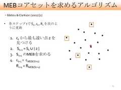 MEBコアセットを求めるアルゴリズム・Bãdoiu & Clarkson (2002) [1]• 各ステップ tで St , ct , Rt を次のよ  うに更新    1. ct から最も遠い点 z を       見つける    2. St+1 = St ∪ { z }    3. St+1 のMEBを求める    4. ct+1 = cMEB(St+1)       Rt+1 = RMEB(St+1)                                23 