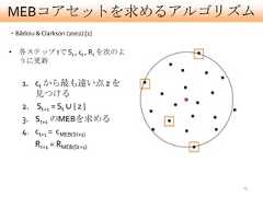 MEBコアセットを求めるアルゴリズム・Bãdoiu & Clarkson (2002) [1]• 各ステップ tで St , ct , Rt を次のよ  うに更新    1. ct から最も遠い点 z を       見つける    2. St+1 = St ∪ { z }    3. St+1 のMEBを求める    4. ct+1 = cMEB(St+1)       Rt+1 = RMEB(St+1)                                25 
