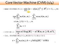 Core Vector Machine (CVM) (1/4)・MEBの双対問題を考える・行列で書くと・なお、双対問題の解 α から c, Rは次のように復元できる                                   29 