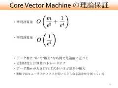 Core Vector Machine の理論保証・時間計算量・空間計算量・データ数について”線形” な時間で最適解に近づく・近似精度と計算量のトレードオフ・データ数m が大きければ大きいほど効果が絶大・実験ではヒューリスティクスを用いてさらなる高速化を図っている                                  33 
