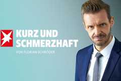 Kabarettist Florian Schroeder und Schriftzug "Kurz und schmerzhaft"
