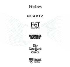Logos from the following companies: Forbes, Quartz, Fast Company, Business Insider, The New York Times, Harvard Business Review.