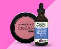 Save up to 15% with auto-delivery. Images of Marcelle cream blush and Adrien Gagnon liquid melatonin packaging.