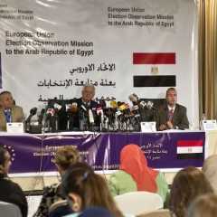 Mario David (C), chief observer of the European Union election assessment team to Egypt, Nikolai Vulchanov (L) deputy chief observer and Eberhard Laue (R) speak during a press conference in Cairo on 19 May 2014.  (AFP PHOTO / KHALED DESOUKI) 