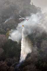 岡山市南区と岡山県玉野市にまたがる山林火災現場で消火活動をするヘリコプター＝26日午後4時47分（共同通信社ヘリから）