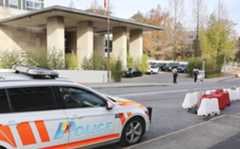 ウクライナ和平案の協議を巡り、警備が強化されたスイス・ジュネーブのホテル＝23日（共同）