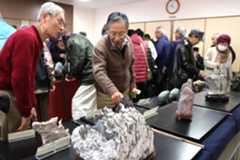 個性豊かな自然石に見入る来場者=小松島市立江町のふれあいセンター立江