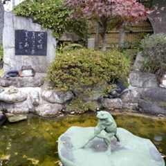 〈やせ蛙まけるな一茶是にあり〉の句碑と、カエルが相撲を取るオブジェ=東京都足立区