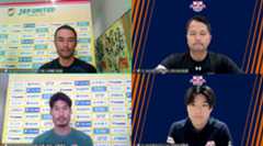 J1昇格プレーオフに向けオンラインで記者会見する千葉の小林監督（左上）鈴木大（同下）、大宮の宮沢監督（右上）、市原＝5日