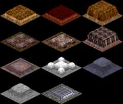 Twelve isometric town roof tiles in various shapes, colors, and textures arranged in a grid on a black background.