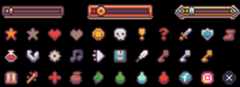 Pixel art game UI elements with status bars and various icons like hearts, stars, potions, coins, and swords.
