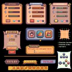 Pixel art game UI elements including option menus, score panel, character selection, and control icons.