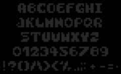 Pixelated font showcase displaying uppercase letters, numbers, and symbols in a blocky style.