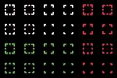 Grid of pixel art square markers in white, red, and green, each with varying corner styles on a black background.
