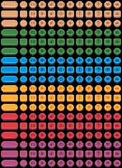 Grid of colorful UI buttons in various shapes and colors, each with different icons like play, pause, and settings.
