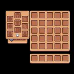 Pixel art game inventory UI with grid slots, item icons, and equipment menu on a brown background.
